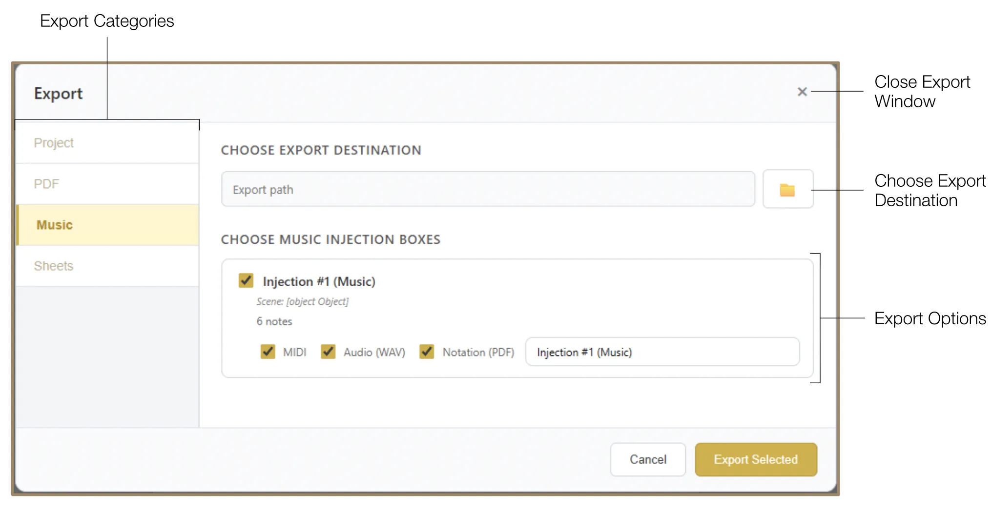 Music Export panel with MIDI, WAV, and Notation PDF options